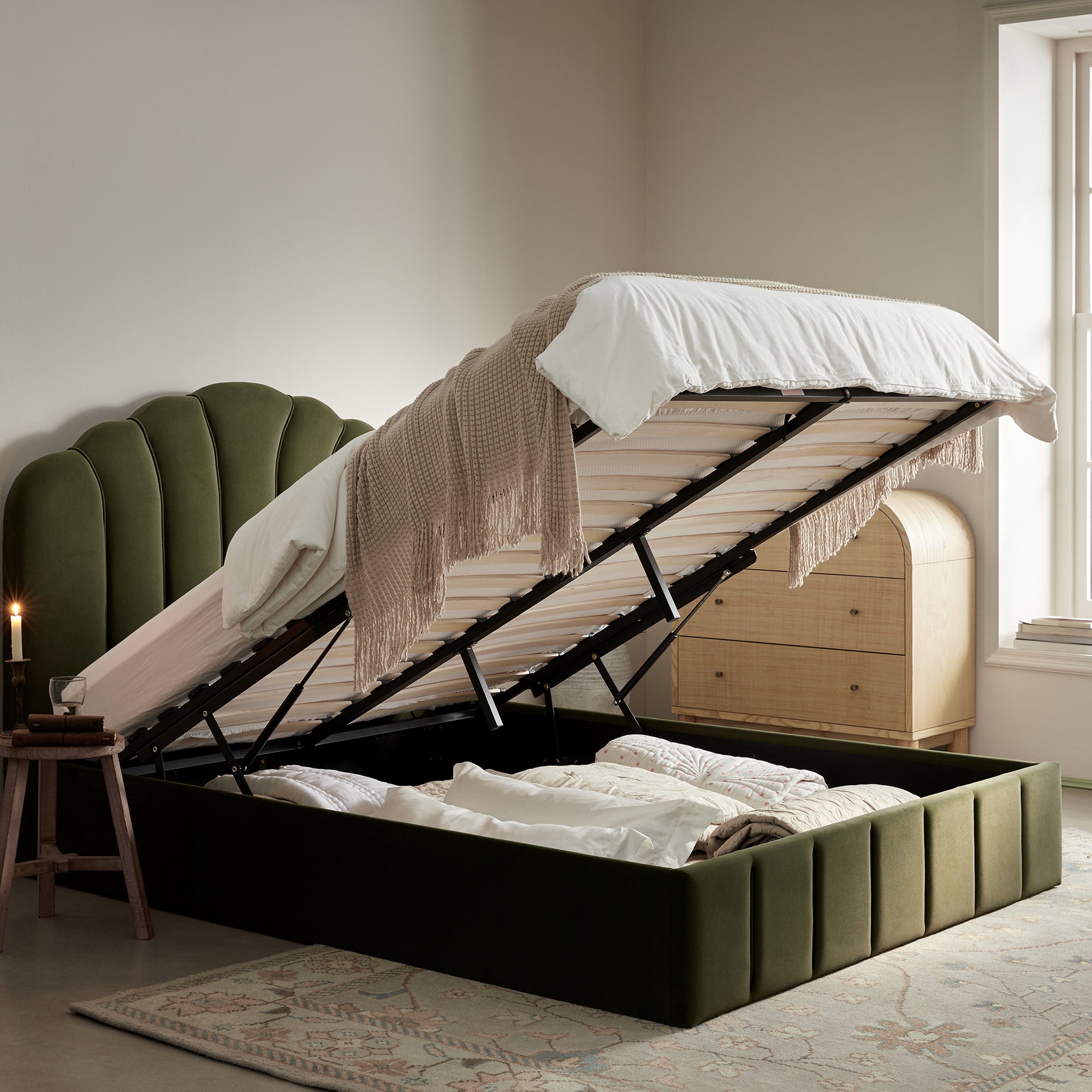 Hana Ottoman Storage Bed, Moss Green Velvet
