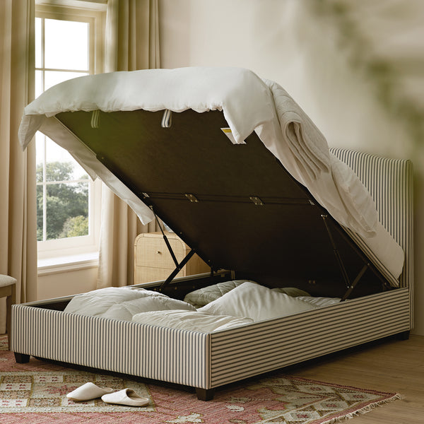 Chilworth Upholstered Ottoman Storage Bed, Blue Stripe Linen Blend