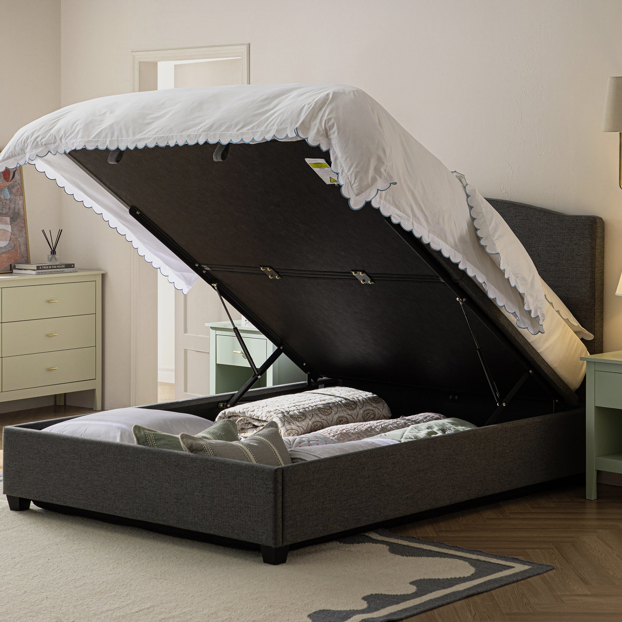 Chilworth Upholstered Ottoman Storage Bed, Dark Gray Weave Fabric