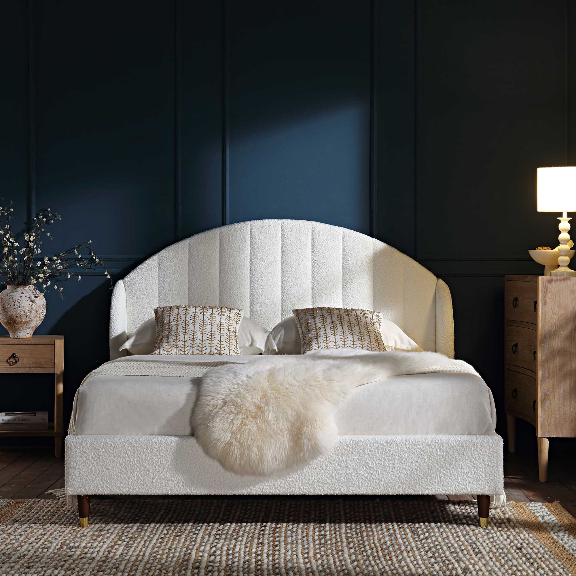 Eleanor White Boucle Upholstered Bed Frame with Domed