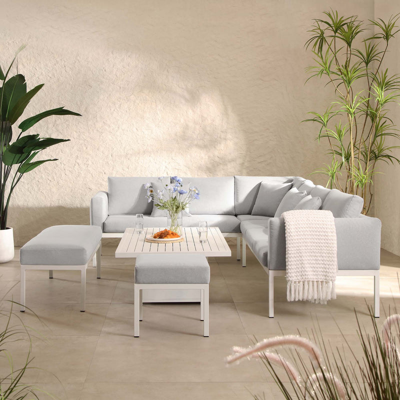 Calabasas Large Outdoor Fabric and Aluminum Corner Casual Dining Set with Rising Table, Light Gray