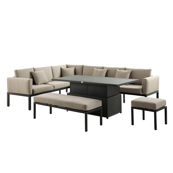 Calabasas Large Outdoor Fabric and Aluminum Corner Casual Dining Set with Rising Table, Taupe