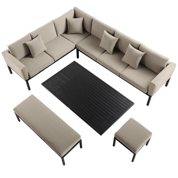 Calabasas Large Outdoor Fabric and Aluminum Corner Casual Dining Set with Rising Table, Taupe