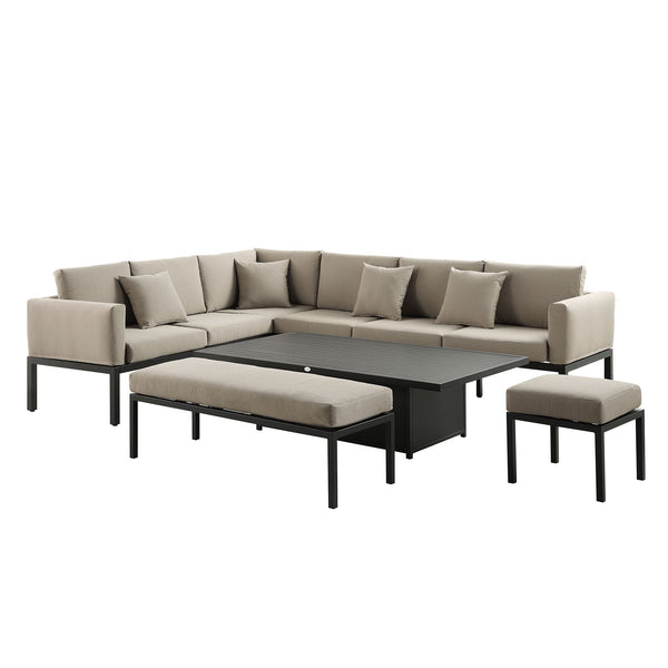 Calabasas Large Outdoor Fabric and Aluminum Corner Casual Dining Set with Rising Table, Taupe