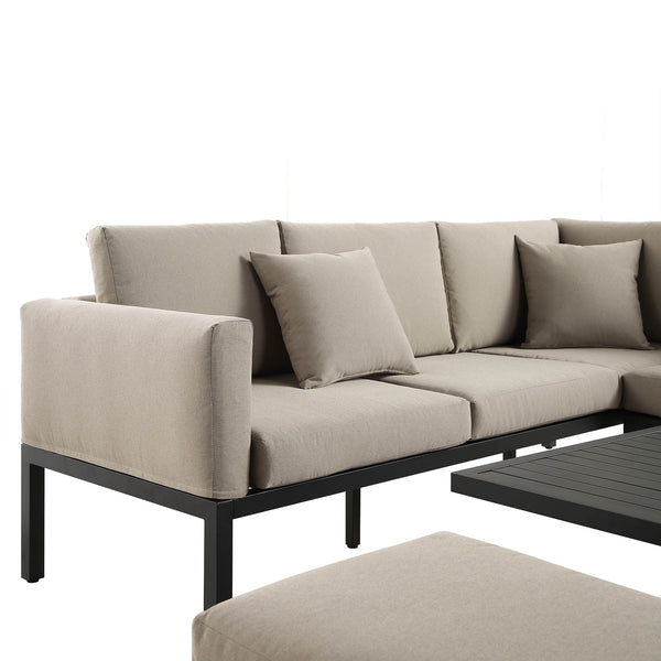 Calabasas Large Outdoor Fabric and Aluminum Corner Casual Dining Set with Rising Table, Taupe