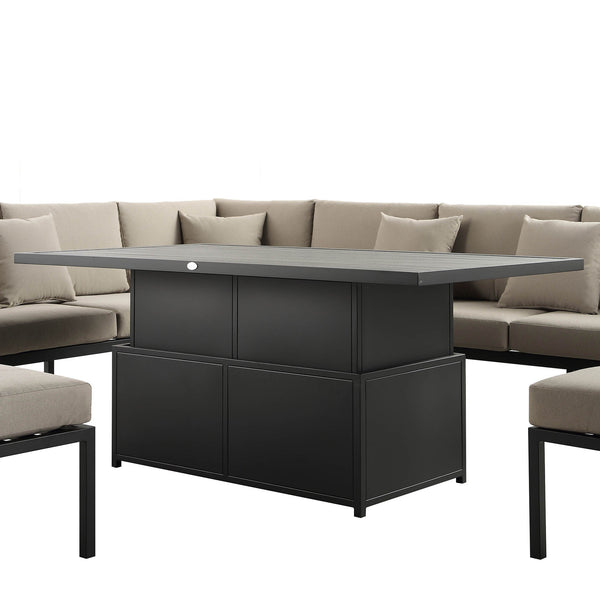 Calabasas Large Outdoor Fabric and Aluminum Corner Casual Dining Set with Rising Table, Taupe