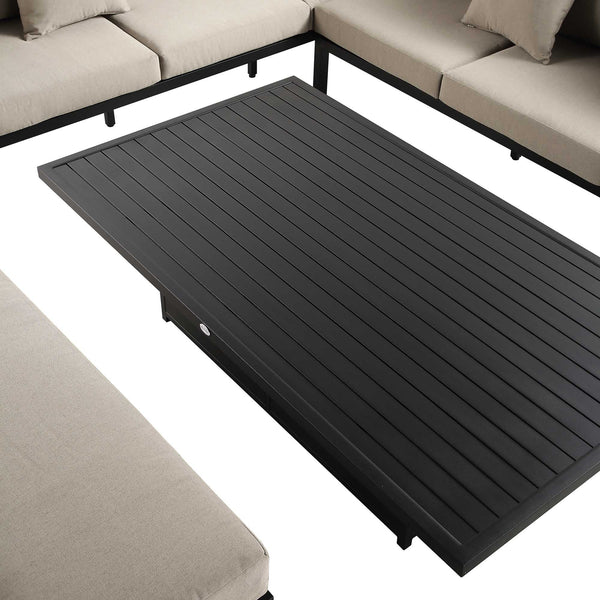 Calabasas Large Outdoor Fabric and Aluminum Corner Casual Dining Set with Rising Table, Taupe