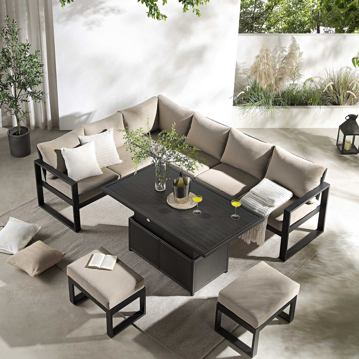 Massive Rising Table Albany Aluminum Large Corner Casual Dining Set with Rising Table, Taup ...