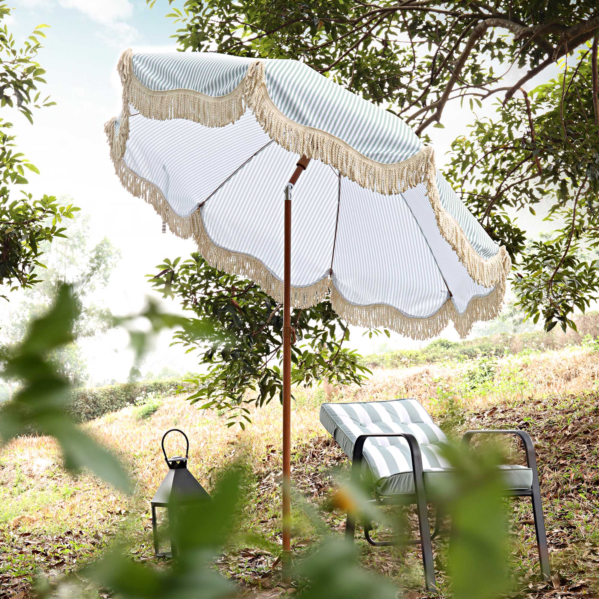 parasol tent Gabriel Sage Green and White Striped Fringed Parasol with Tilt