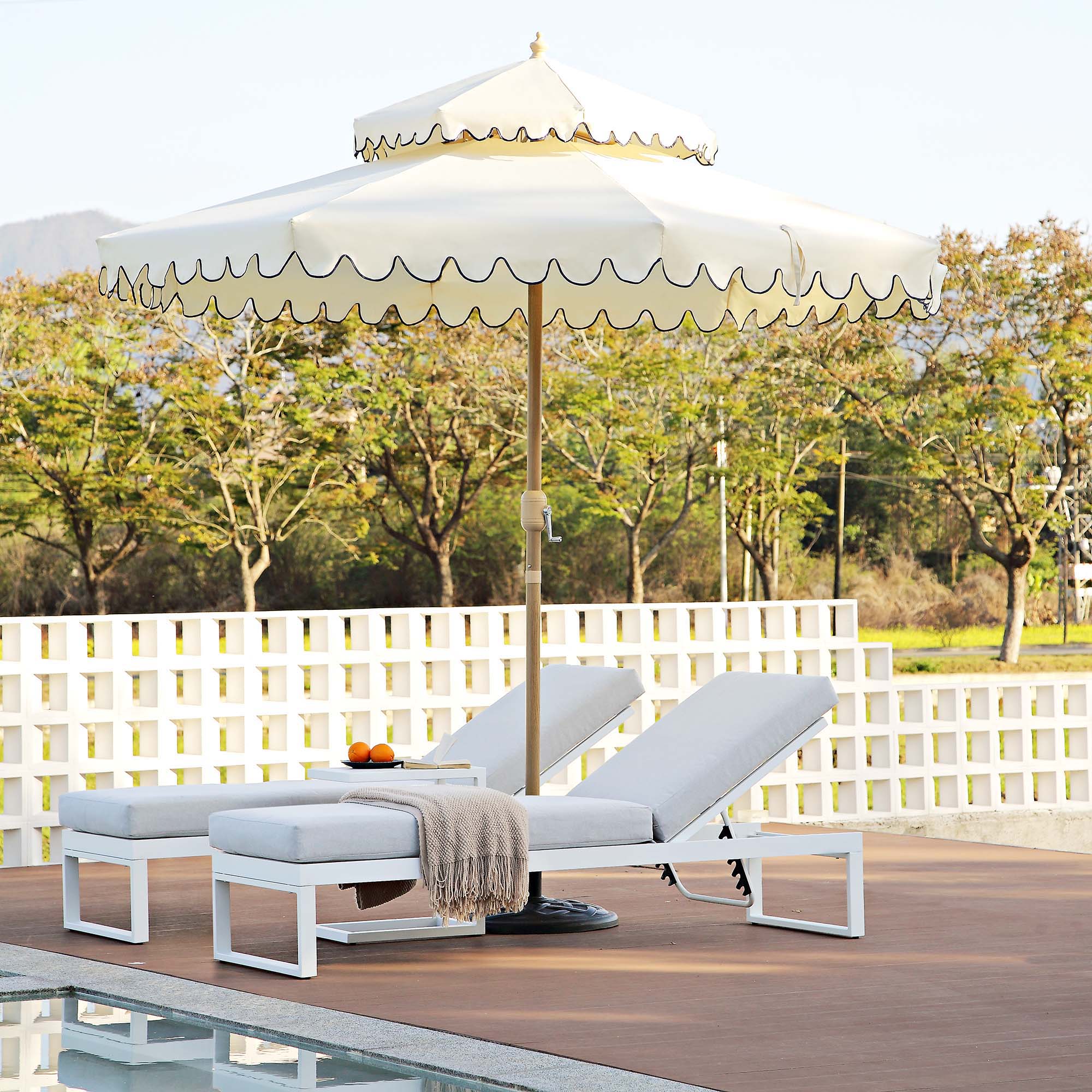 beige patio umbrella with scalloped edge Fabienne Beige 3M Octagonal Double Top Crank and Tilt Parasol with Navy Scalloped Edge