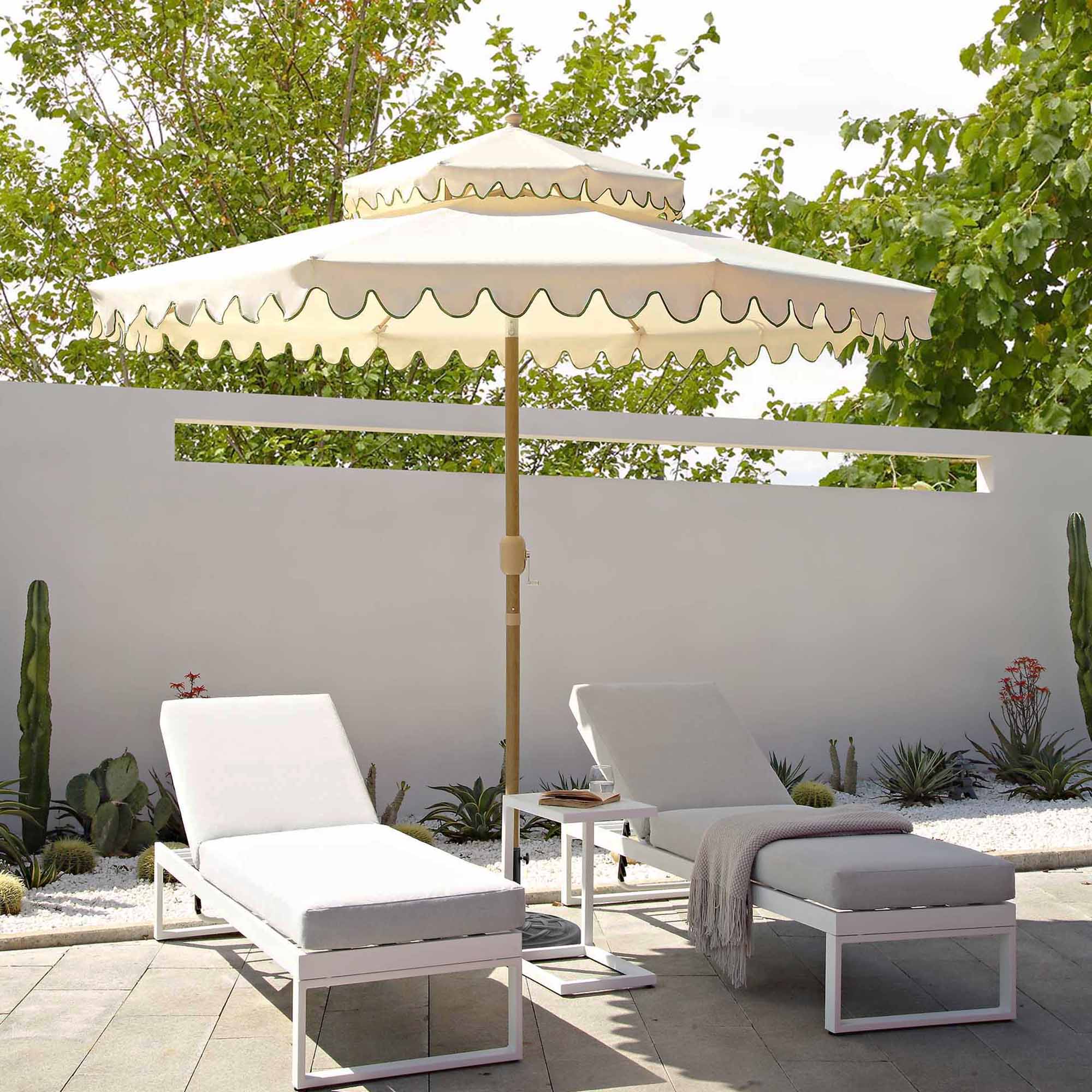 beige and black scalloped patio umbrella Fabienne Beige 3M Octagonal Double Top Crank and Tilt Parasol with Gre