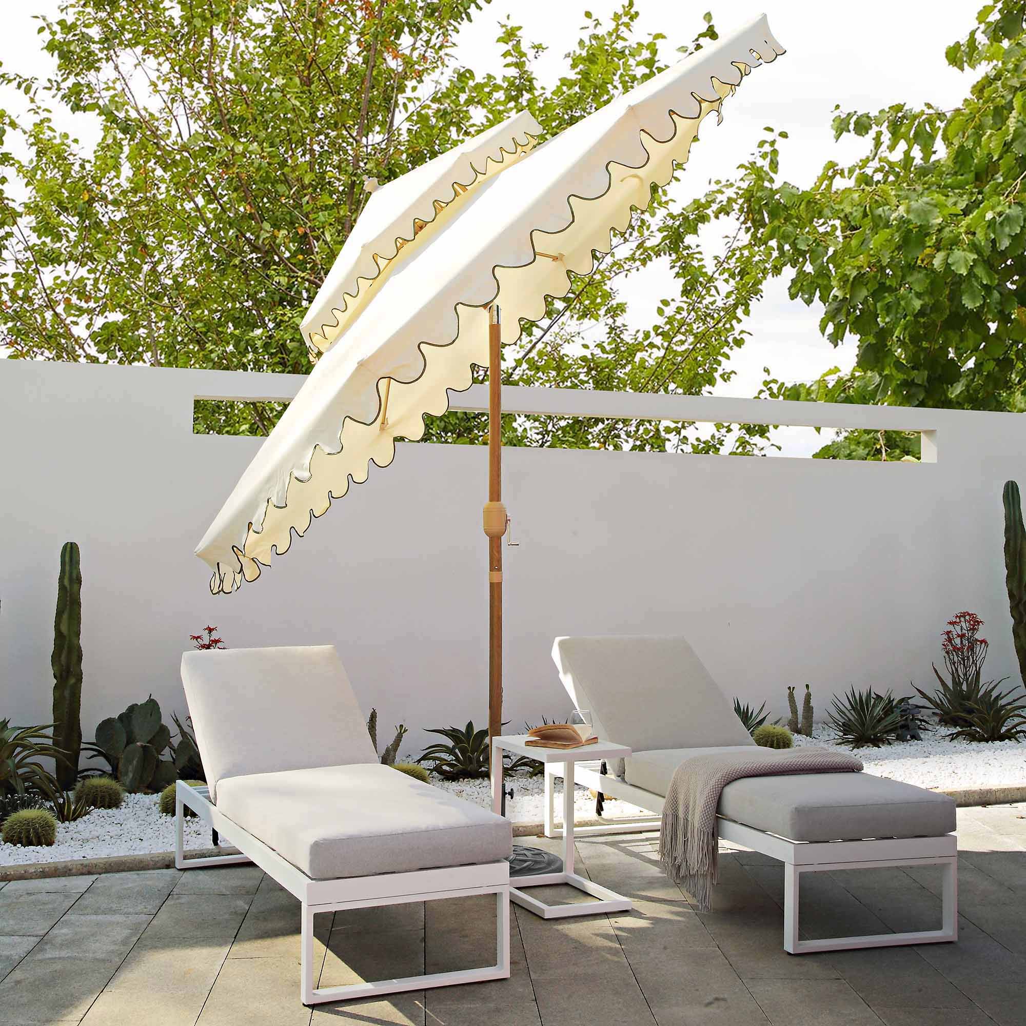 double scalloped patio umbrella Fabienne Beige 3M Octagonal Double Top Crank and Tilt Parasol with Green Scalloped Edge