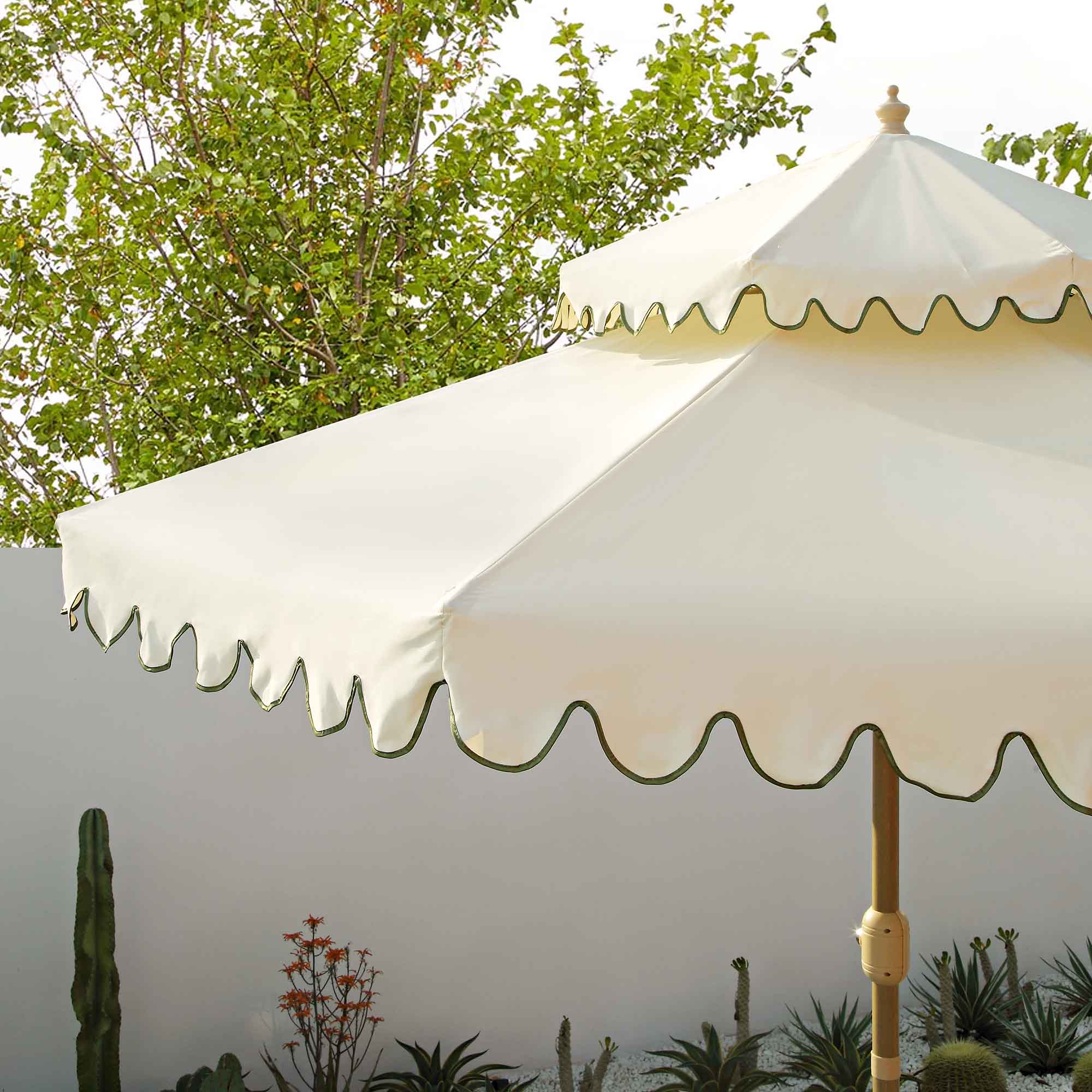 beige patio umbrella with scalloped edge Fabienne Beige 3M Octagonal Double Top Crank and Tilt Parasol with Green Scalloped Edge