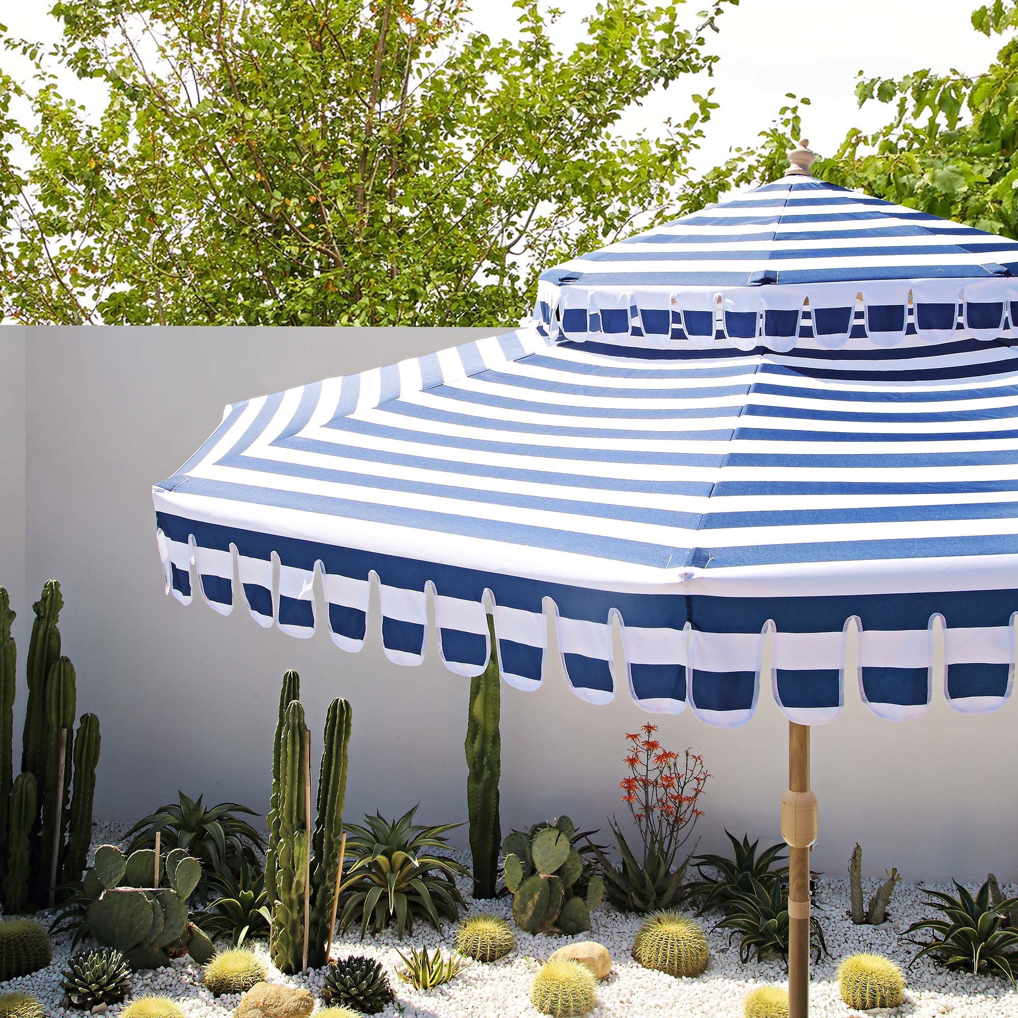 blue striped patio umbrella Fabienne Blue and White Striped 3M Double Top Crank and Tilt Parasol