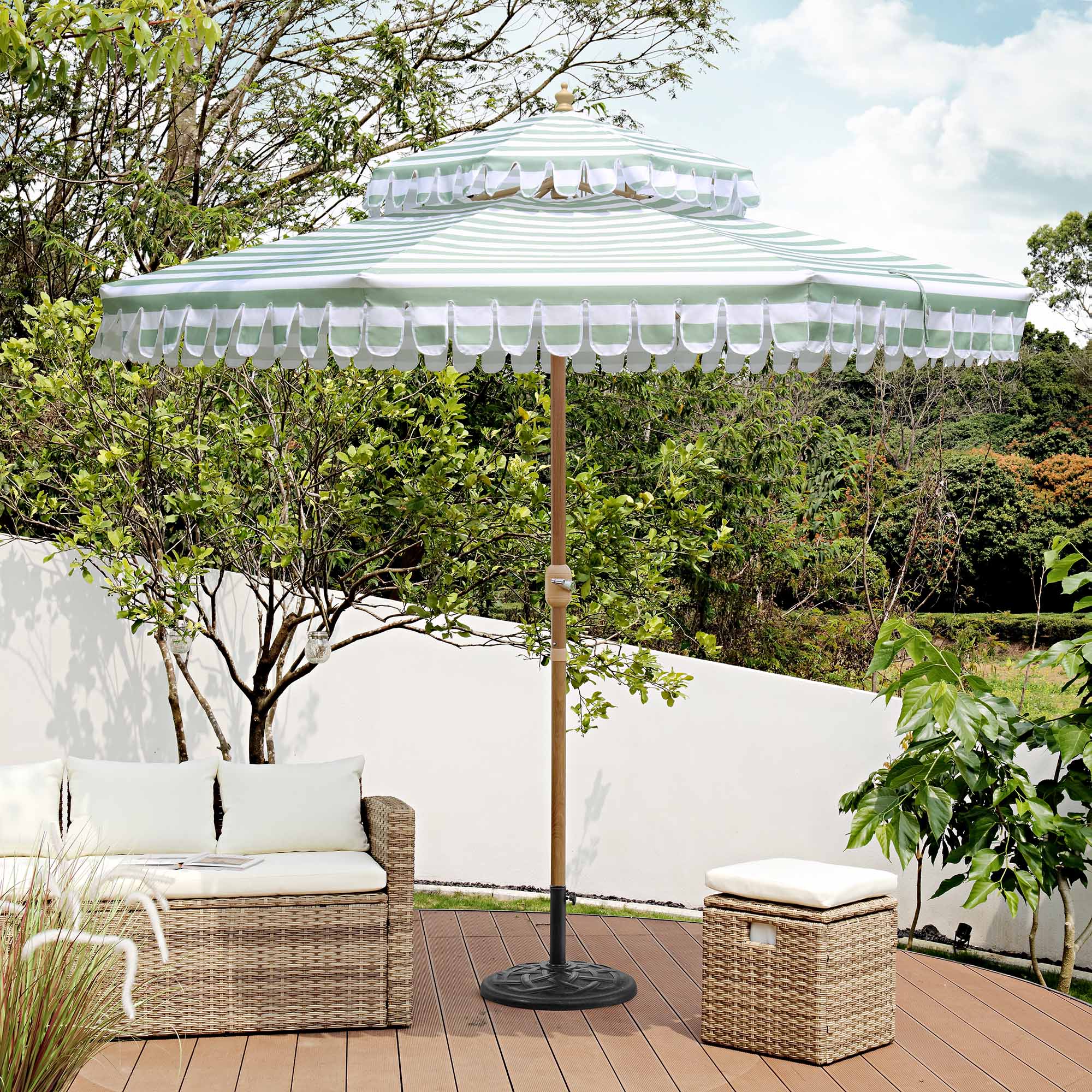 green and white striped patio umbrella Fabienne Sage Green and White Striped 3M Double Top Crank and Tilt Par