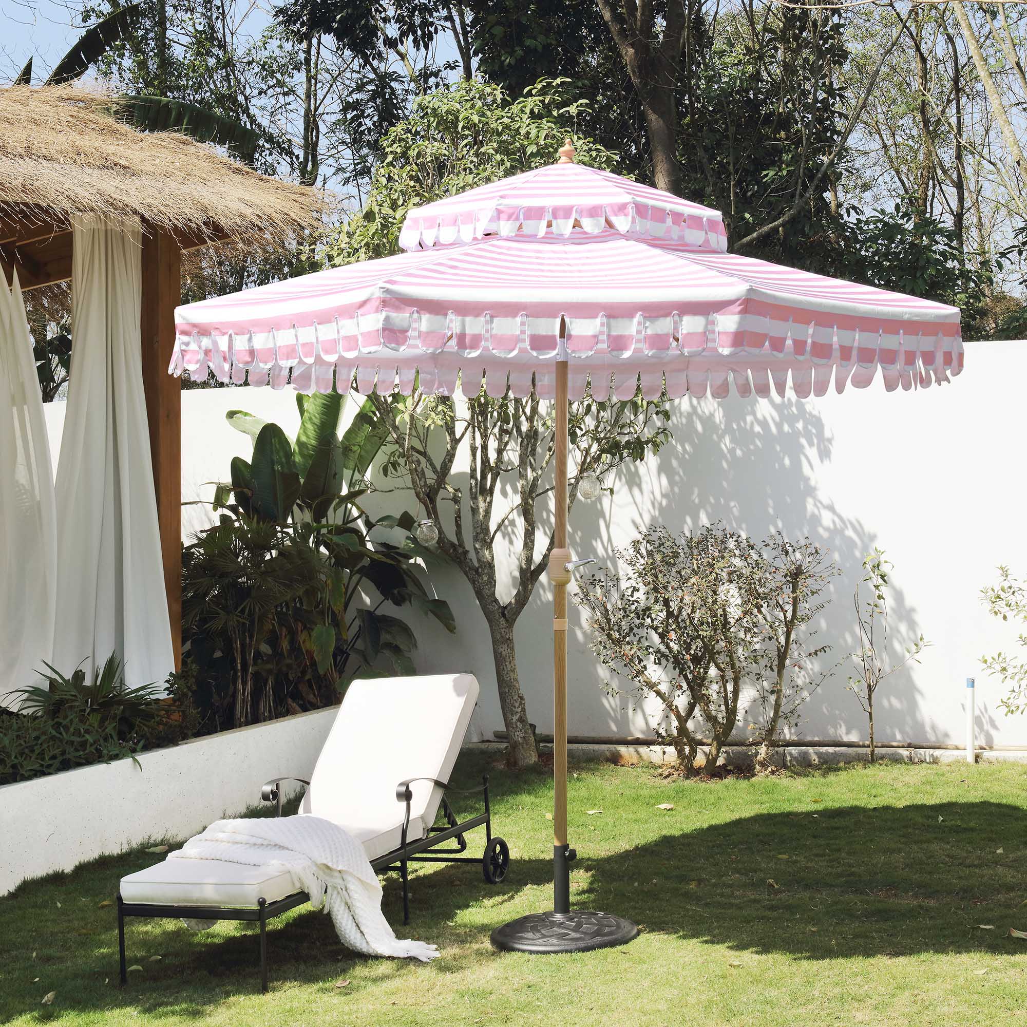 light pink patio umbrella Fabienne Pink and White Striped 3M Double Top Crank and Tilt Parasol