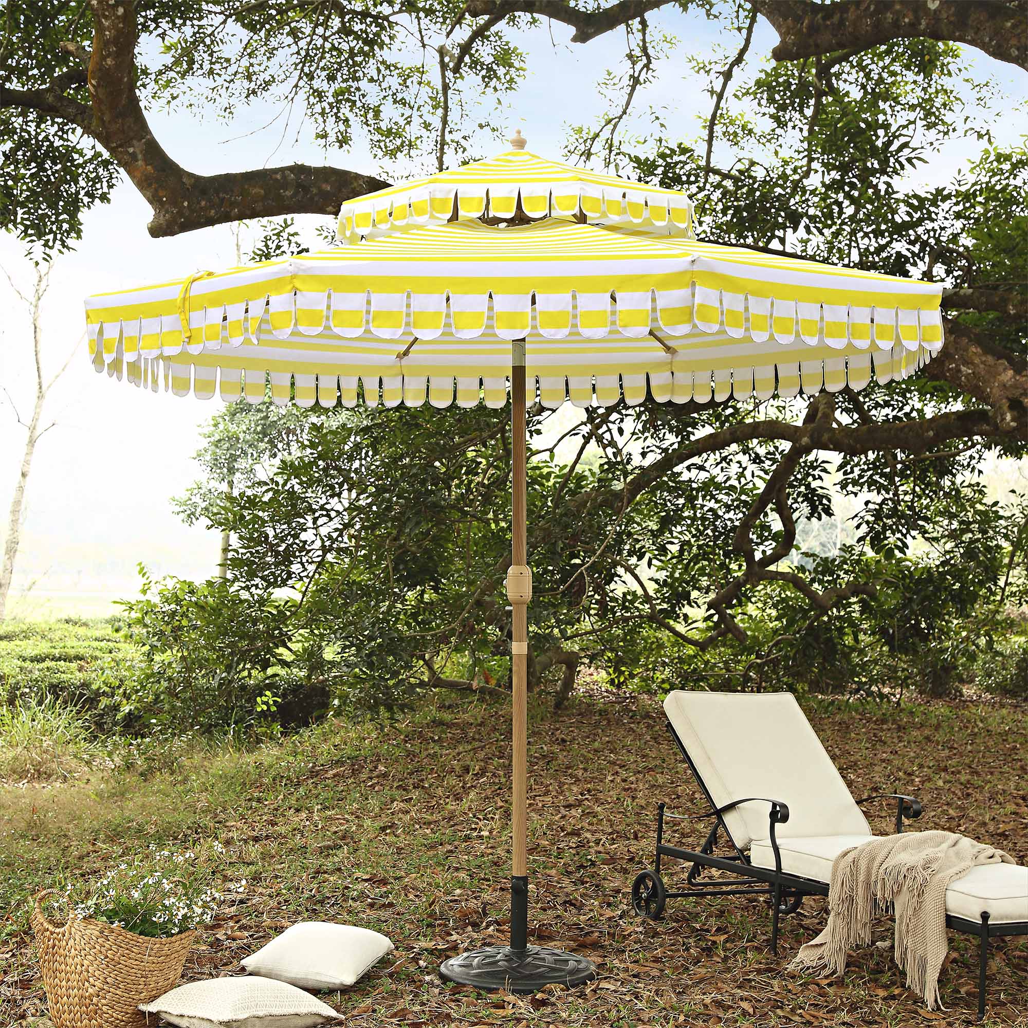 3m patio umbrella Fabienne Yellow and White Striped 3M Double Top Crank and Tilt Parasol