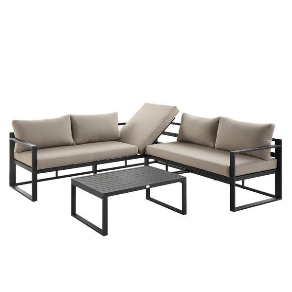 Albany Aluminum Corner Sofa Set with Reclining Back and Coffee Table, Taupe