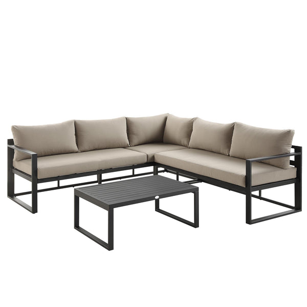 Albany Aluminum Corner Sofa Set with Reclining Back and Coffee Table, Taupe