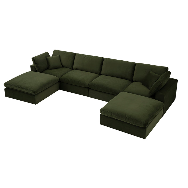 Lutyens Moss Green Velvet Sectional Sofa, 6-Piece U-Shape Set