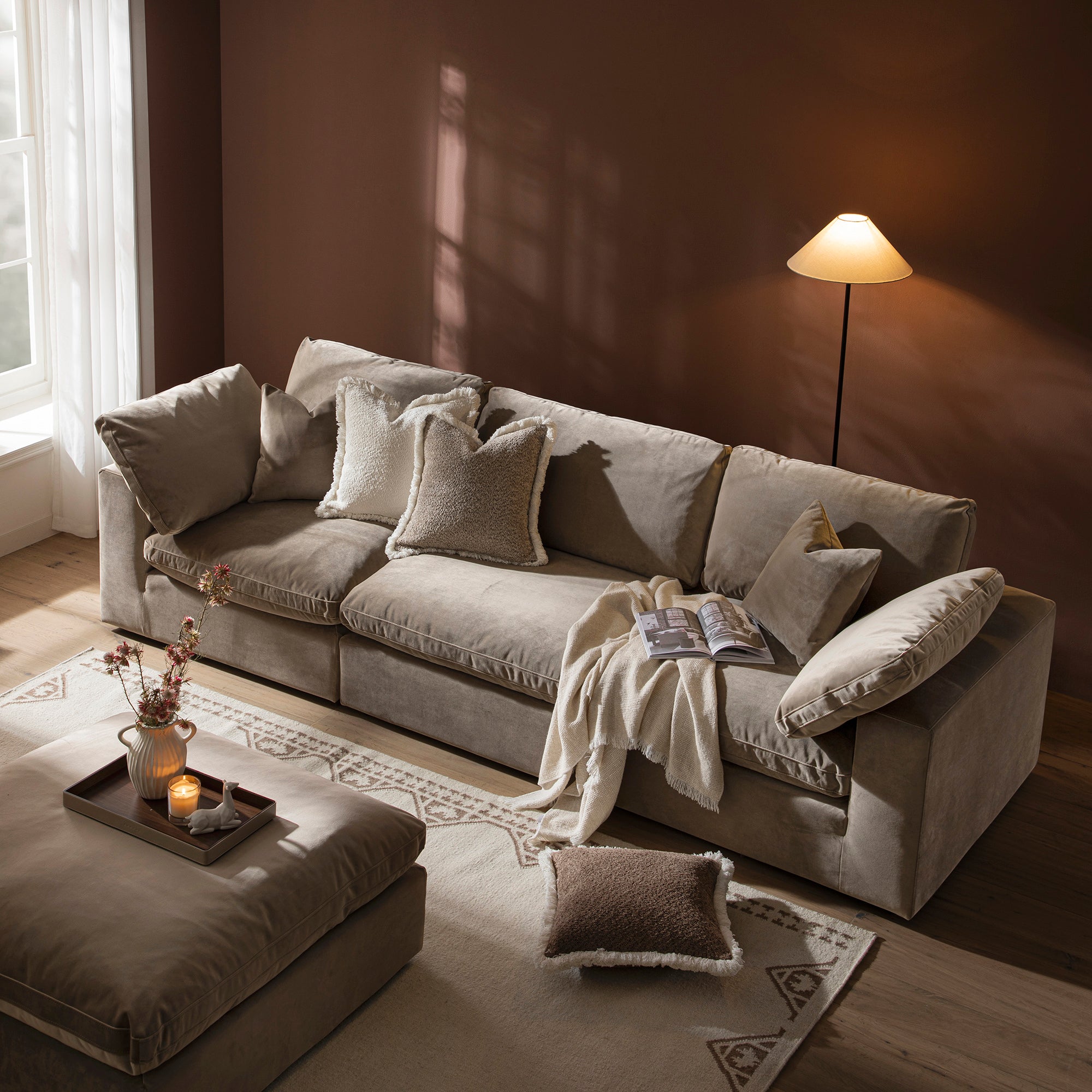 Lutyens Taupe Velvet Sectional Sofa, 3-Piece