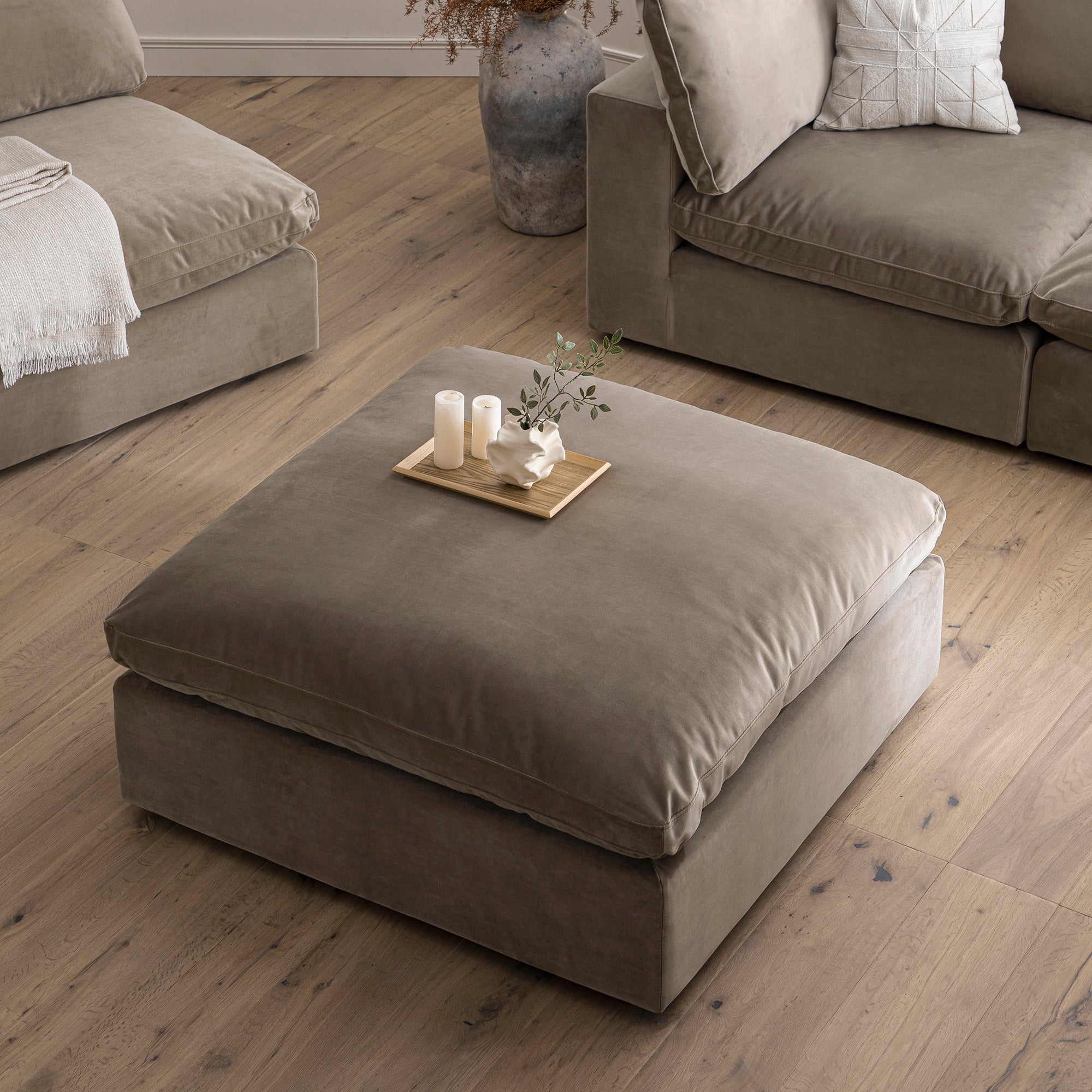 Lutyens Taupe Velvet Sectional Sofa, Stool