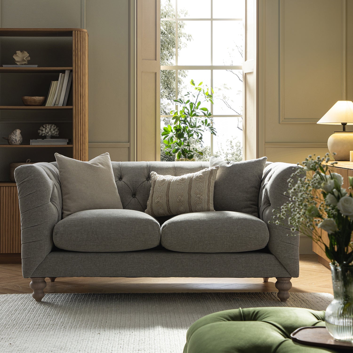 Ashby Chesterfield 2-Seater Sofa, Mist Gray Chenille