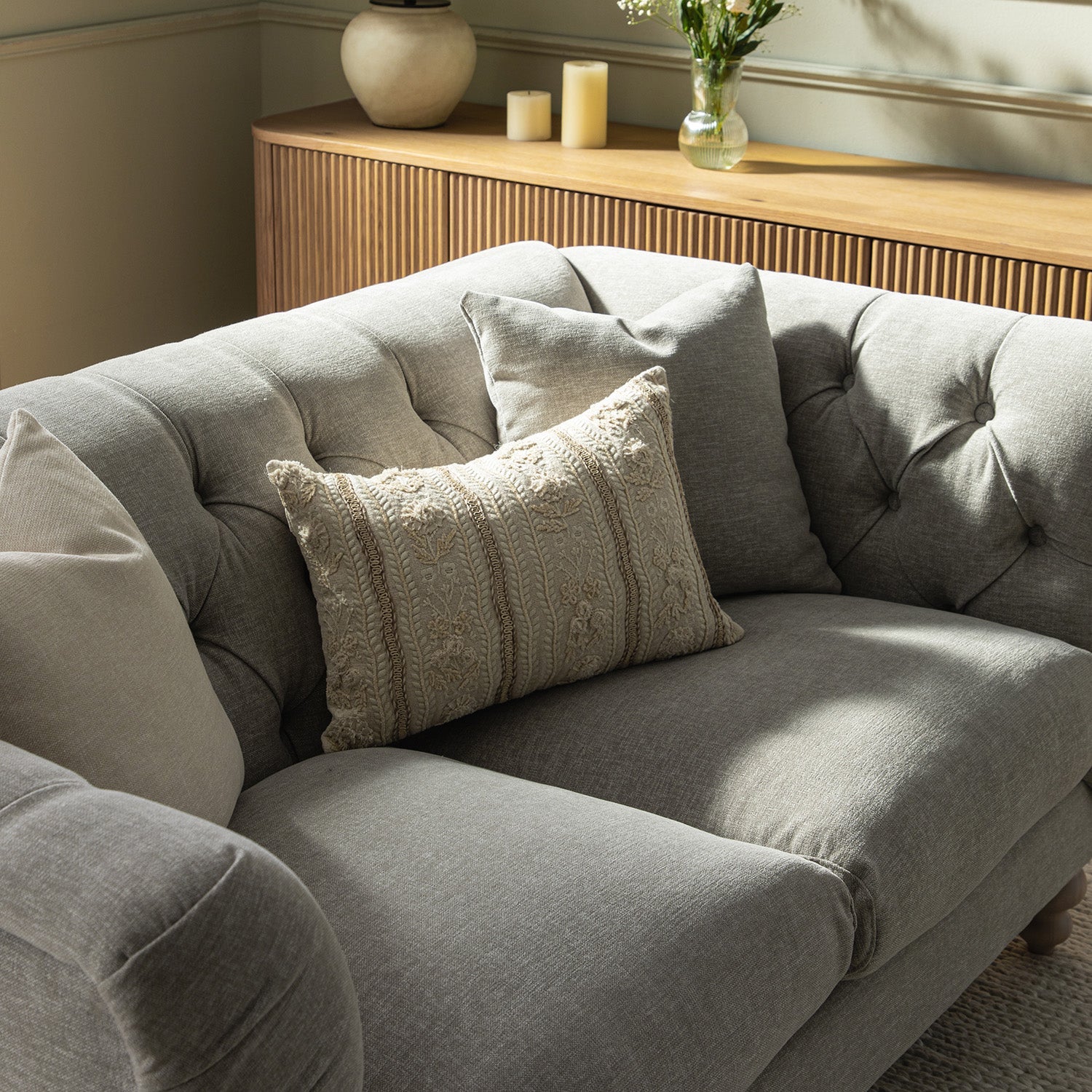 Ashby Chesterfield 2-Seater Sofa, Mist Gray Chenille