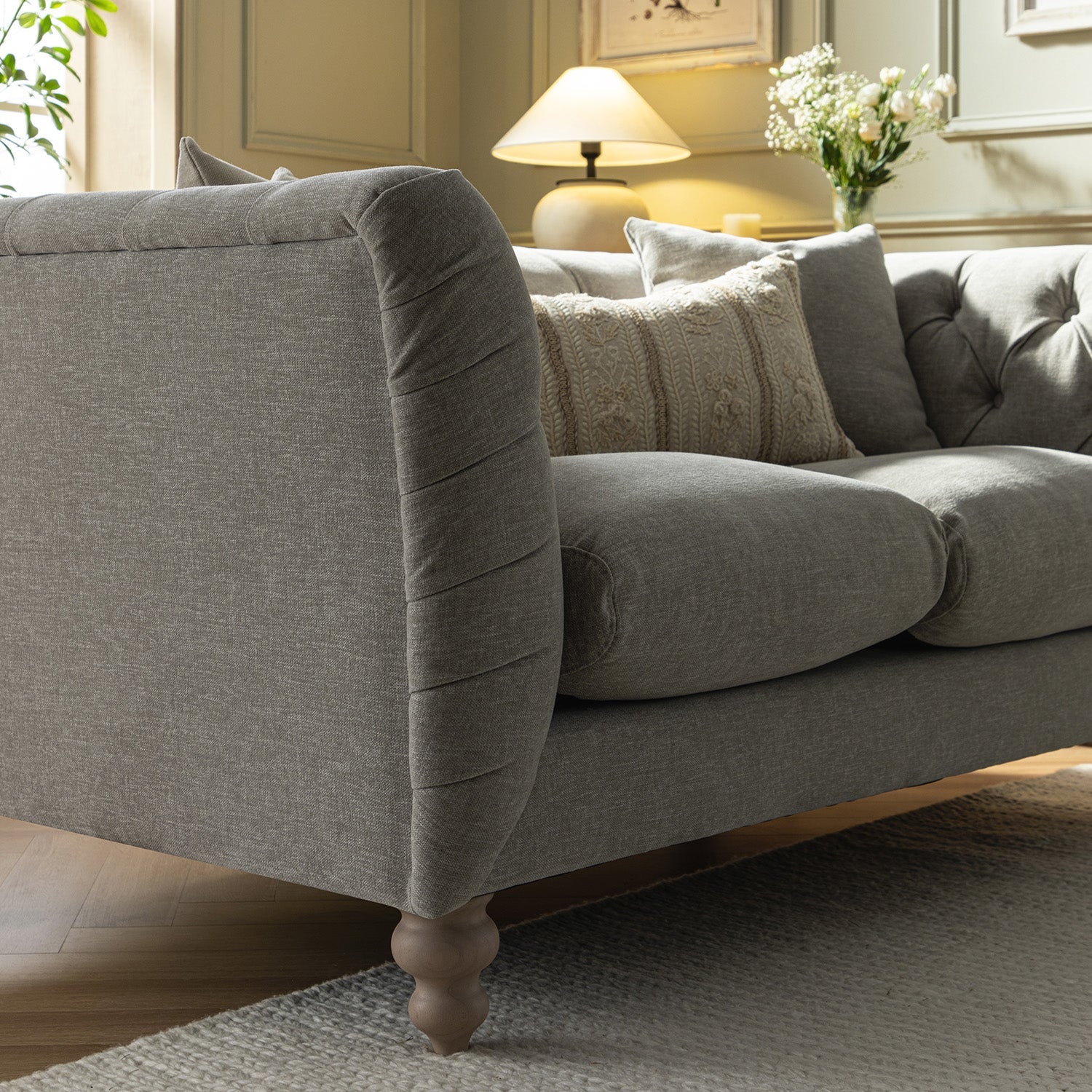 Ashby Chesterfield 2-Seater Sofa, Mist Gray Chenille