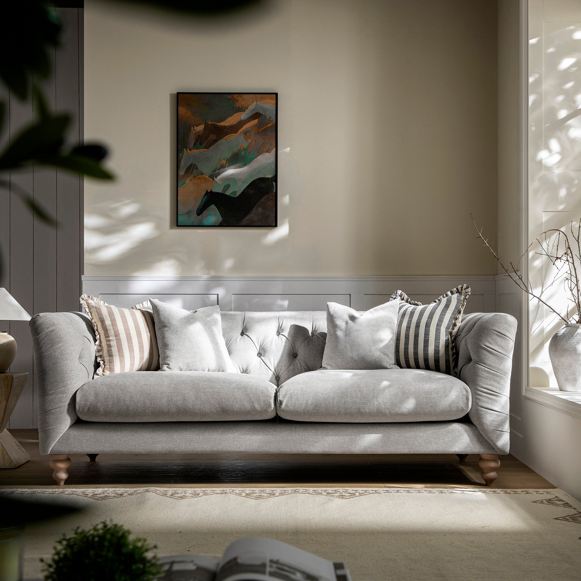 Ashby Chesterfield Large 3-Seater Sofa, Mist Gray Chenille