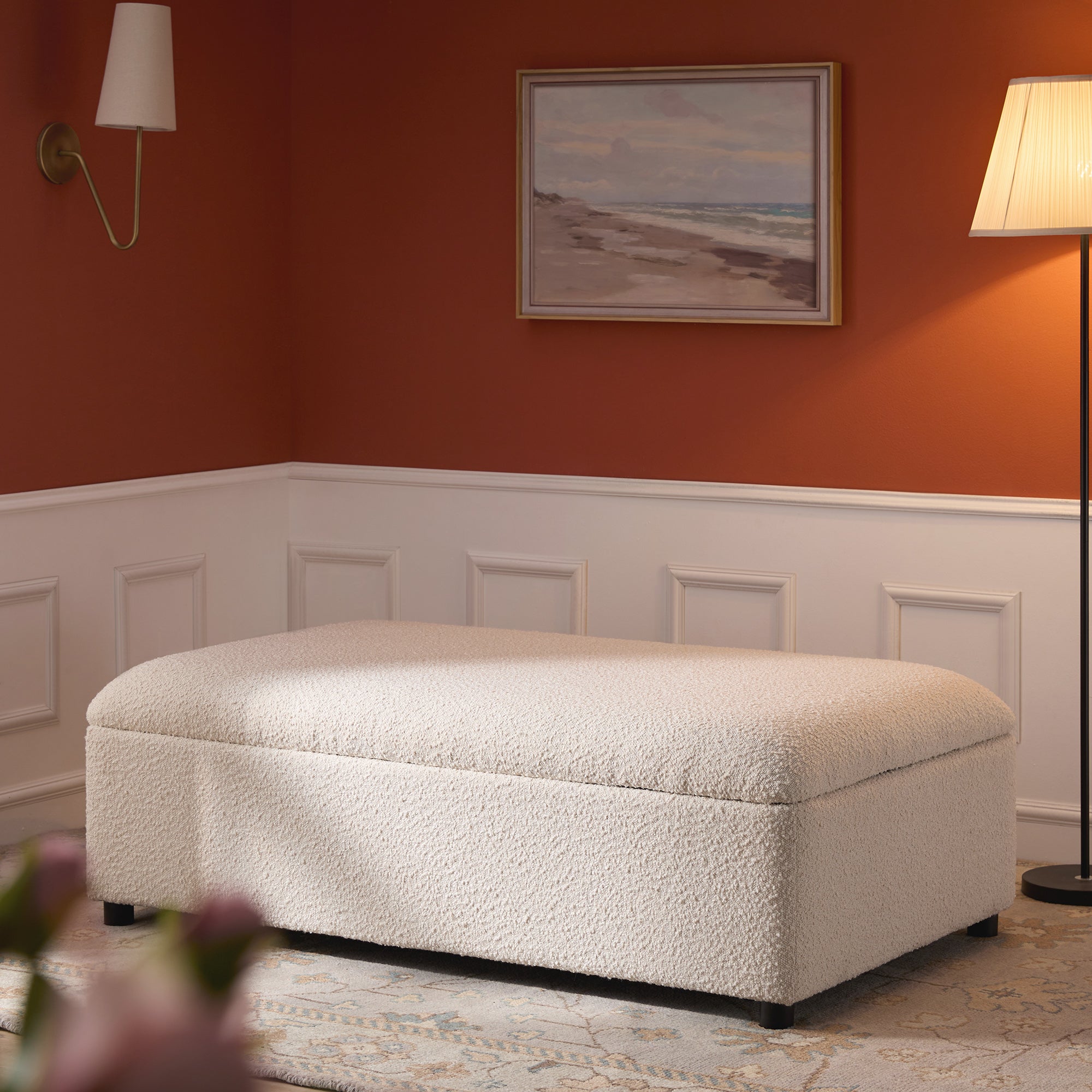 Magda Fold-Out Full Bed in an Ottoman, Beige Boucle