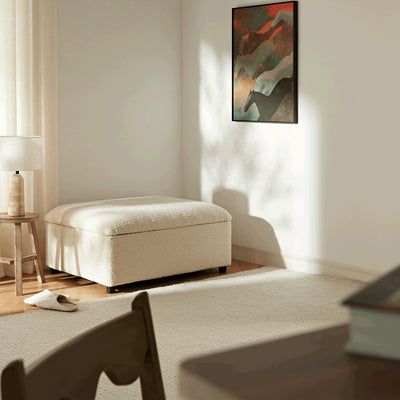 Magda Fold-Out Twin Bed in an Ottoman, Beige Boucle