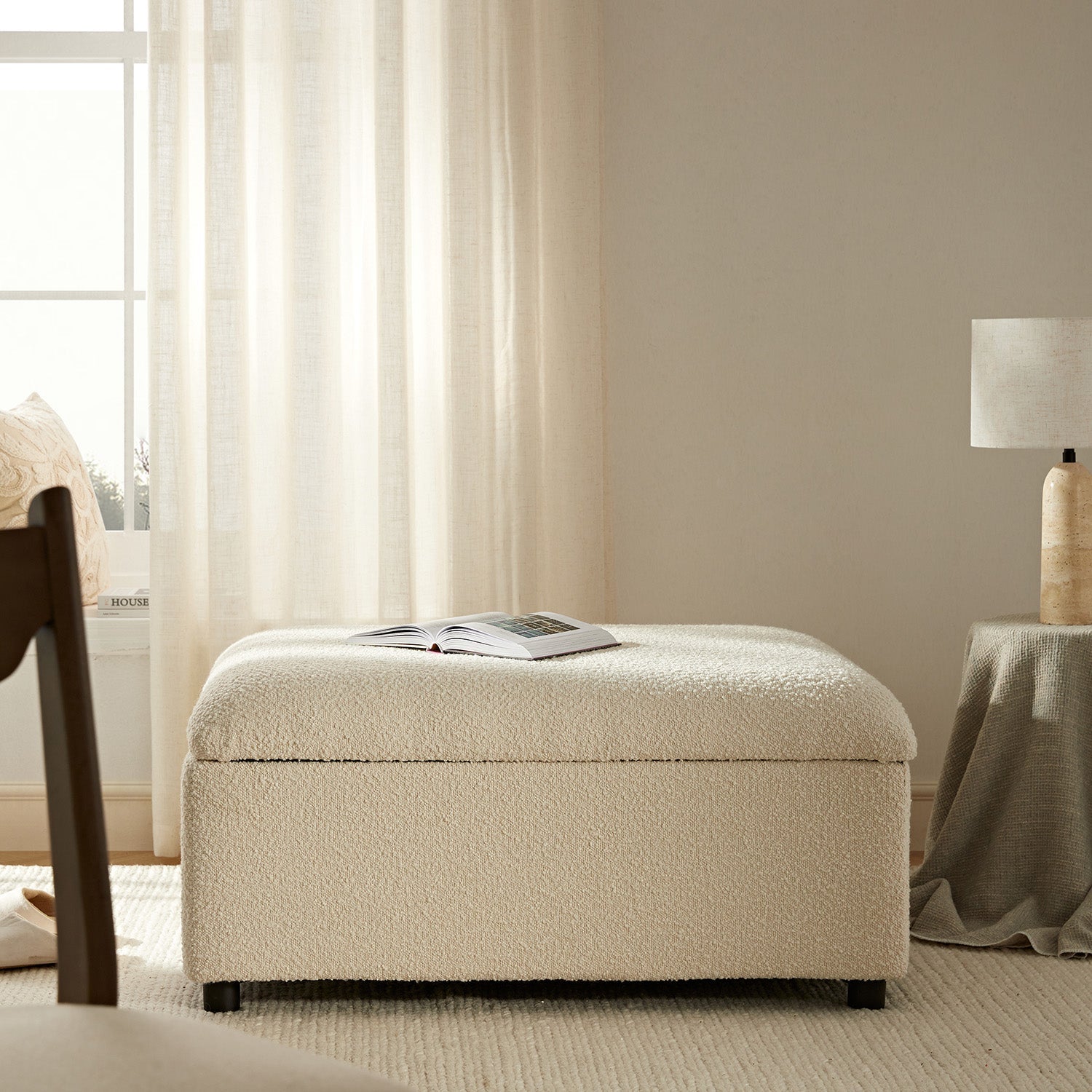 Magda Fold-Out Twin Bed in an Ottoman, Beige Boucle