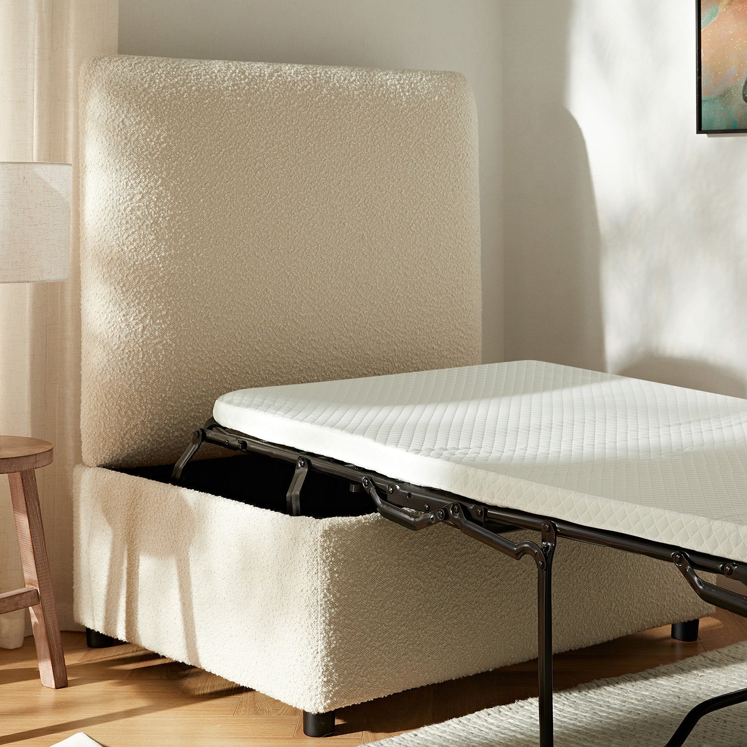 Magda Fold-Out Twin Bed in an Ottoman, Beige Boucle