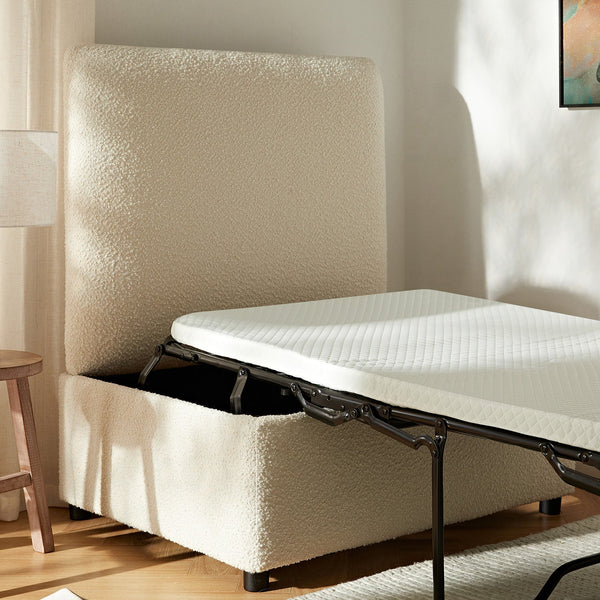Magda Fold-Out Twin Bed in an Ottoman, Beige Boucle