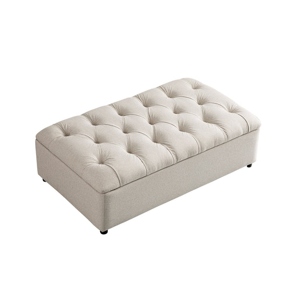 Portland Full Size Buttoned Fold-Out Bed in Ottoman, Beige Woven Fabric