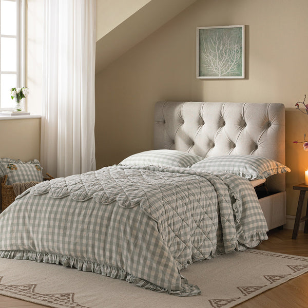 Portland Full Size Buttoned Fold-Out Bed in Ottoman, Beige Woven Fabric