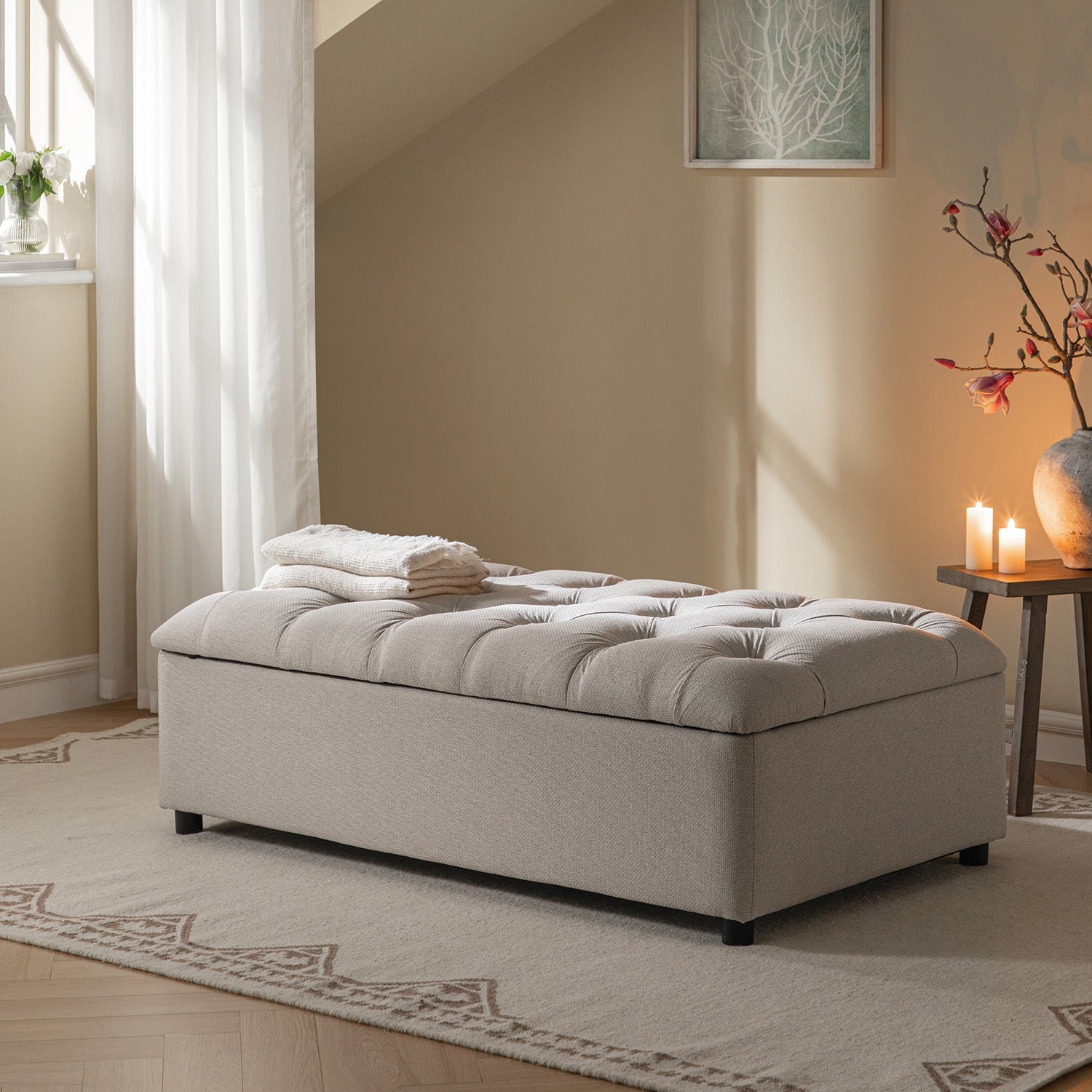 Portland Full Size Buttoned Fold-Out Bed in Ottoman, Beige Woven Fabric