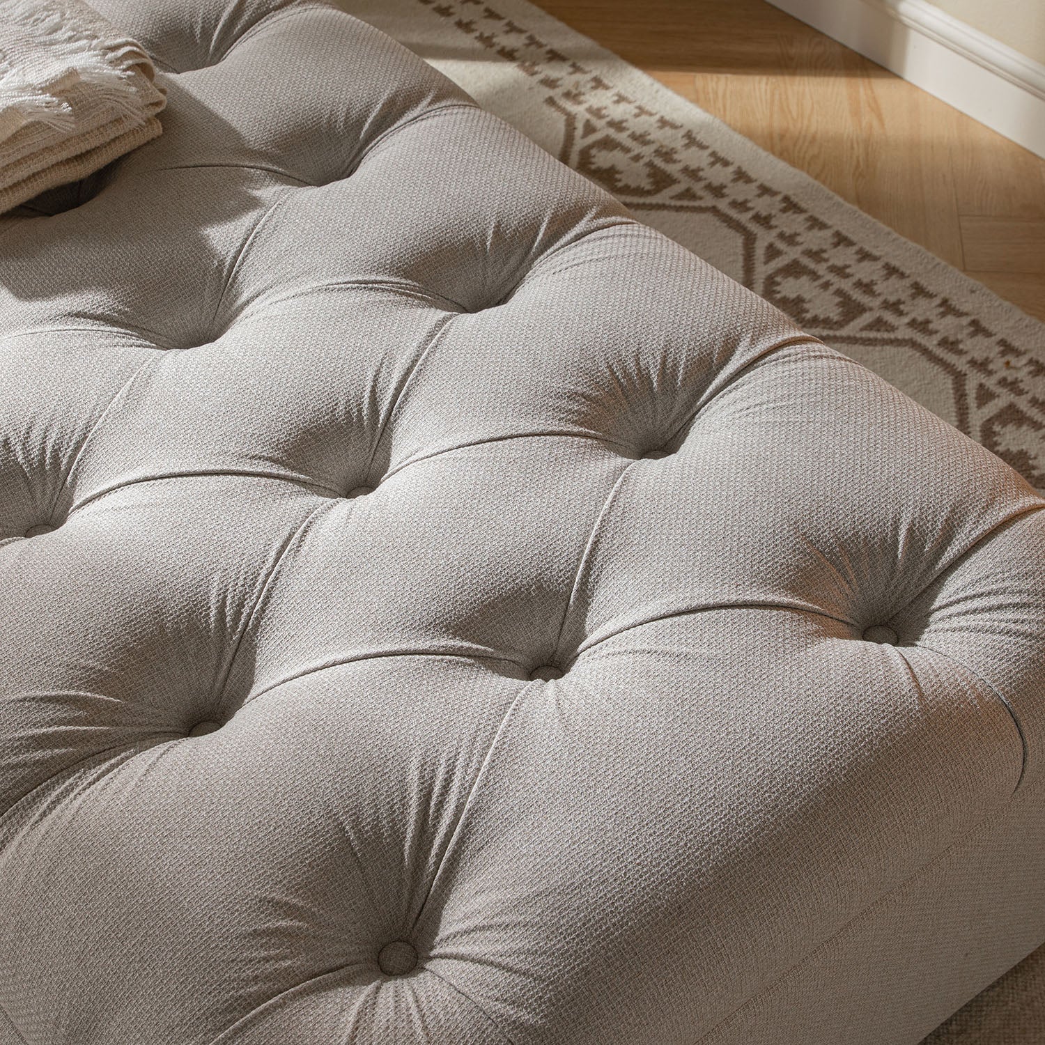 Portland Full Size Buttoned Fold-Out Bed in Ottoman, Beige Woven Fabric