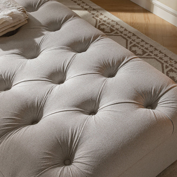 Portland Full Size Buttoned Fold-Out Bed in Ottoman, Beige Woven Fabric
