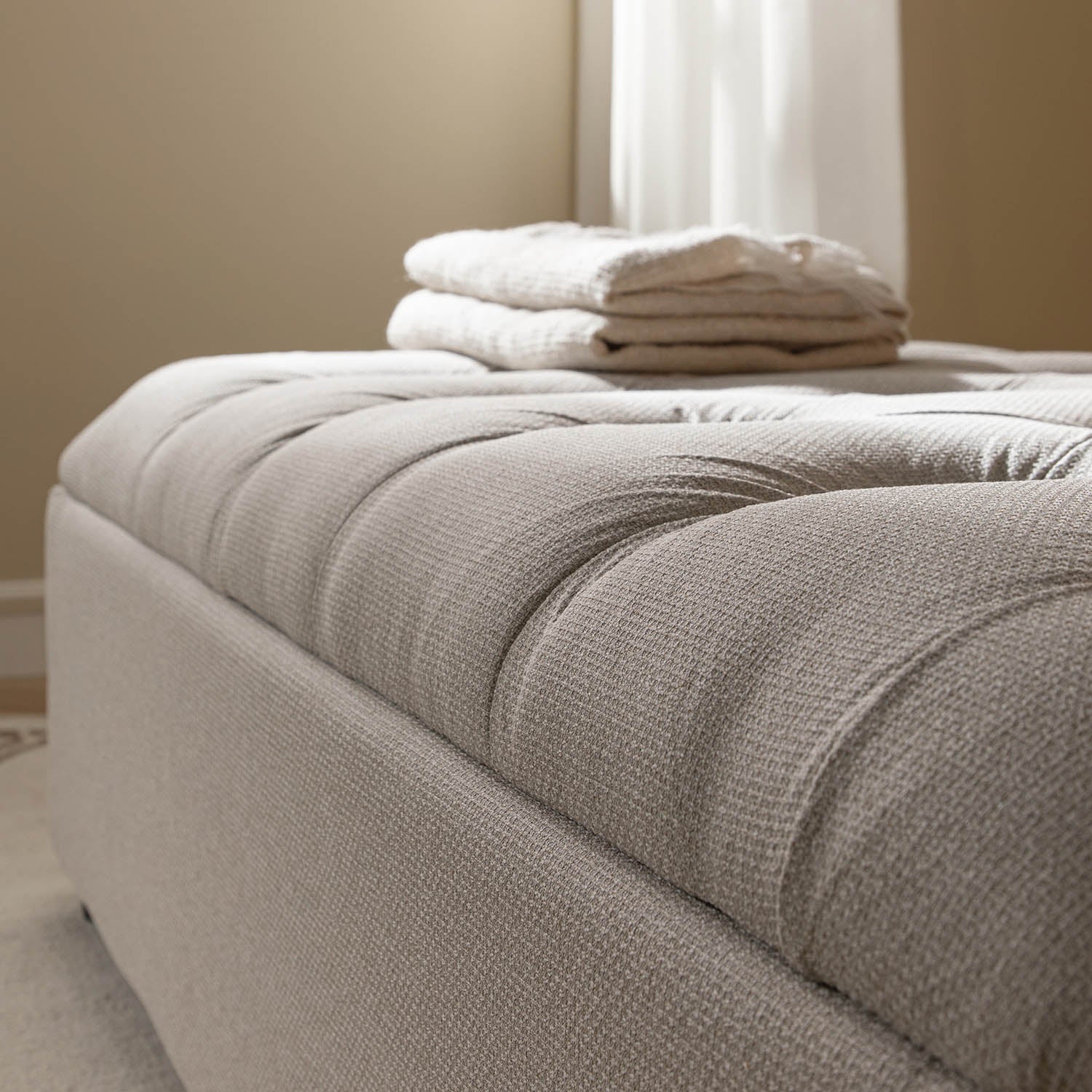 Portland Full Size Buttoned Fold-Out Bed in Ottoman, Beige Woven Fabric