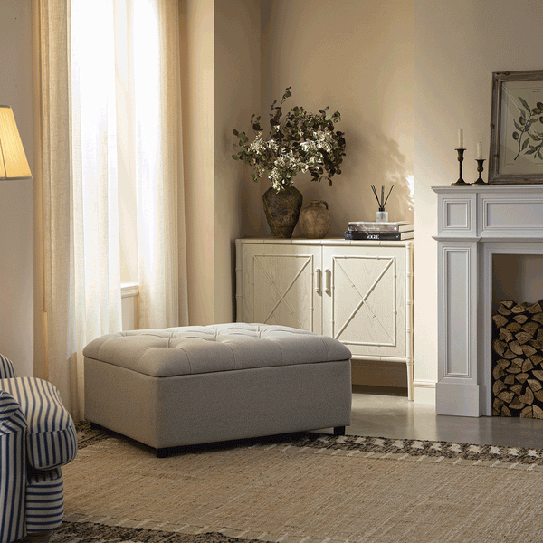 Portland Twin Buttoned Fold-Out Bed in Ottoman, Beige Woven Fabric