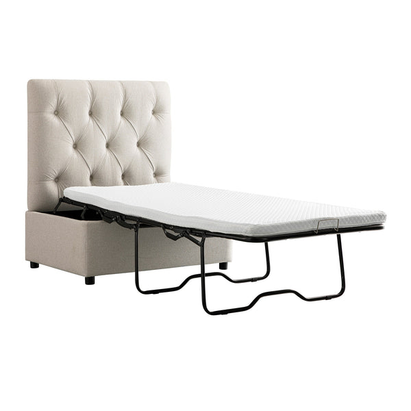 Portland Twin Buttoned Fold-Out Bed in Ottoman, Beige Woven Fabric