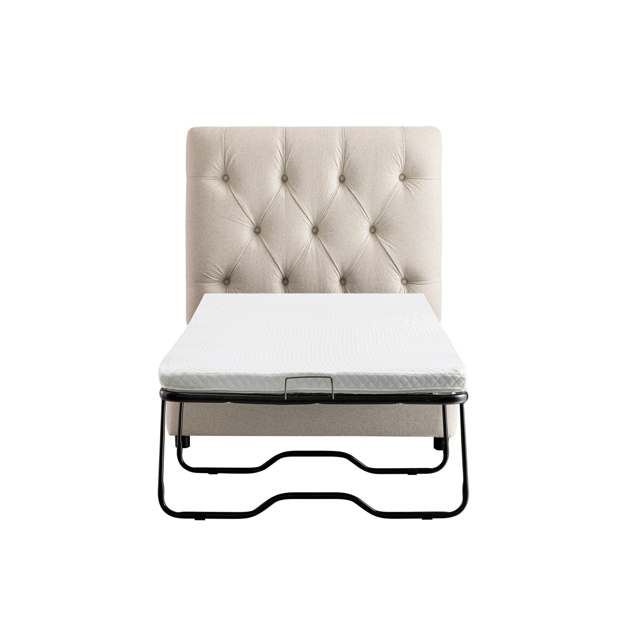 Portland Twin Buttoned Fold-Out Bed in Ottoman, Beige Woven Fabric
