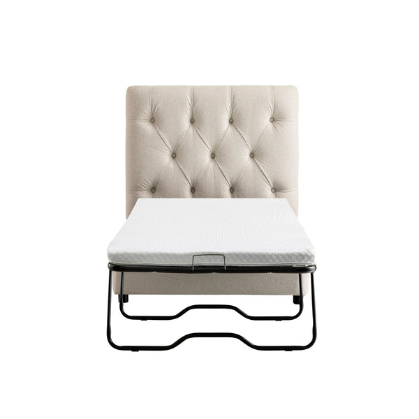 Portland Twin Buttoned Fold-Out Bed in Ottoman, Beige Woven Fabric