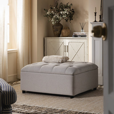 Portland Twin Buttoned Fold-Out Bed in Ottoman, Beige Woven Fabric
