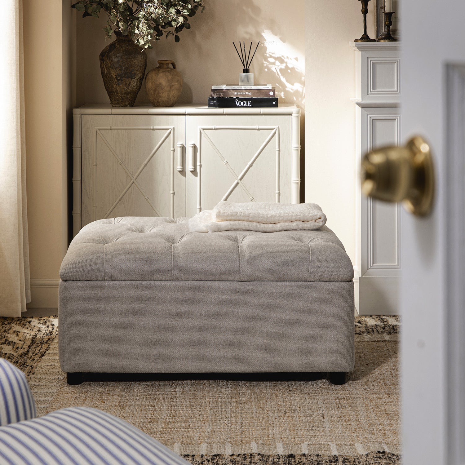 Portland Twin Buttoned Fold-Out Bed in Ottoman, Beige Woven Fabric