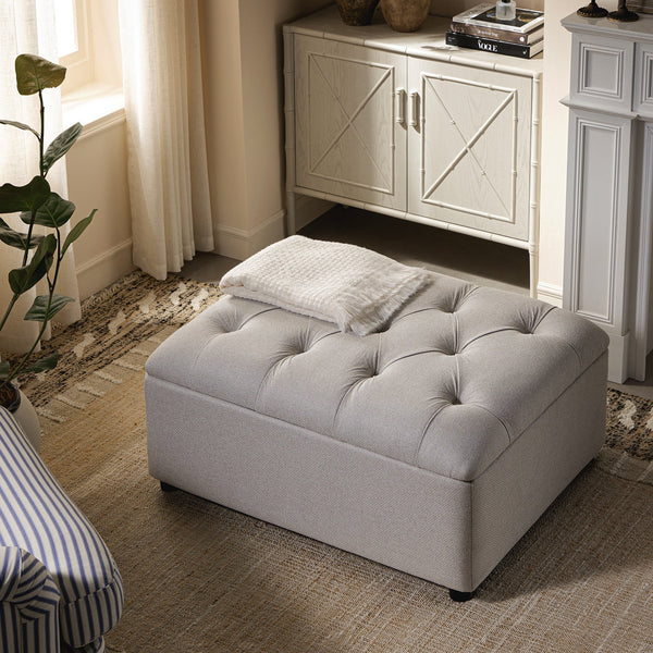 Portland Twin Buttoned Fold-Out Bed in Ottoman, Beige Woven Fabric