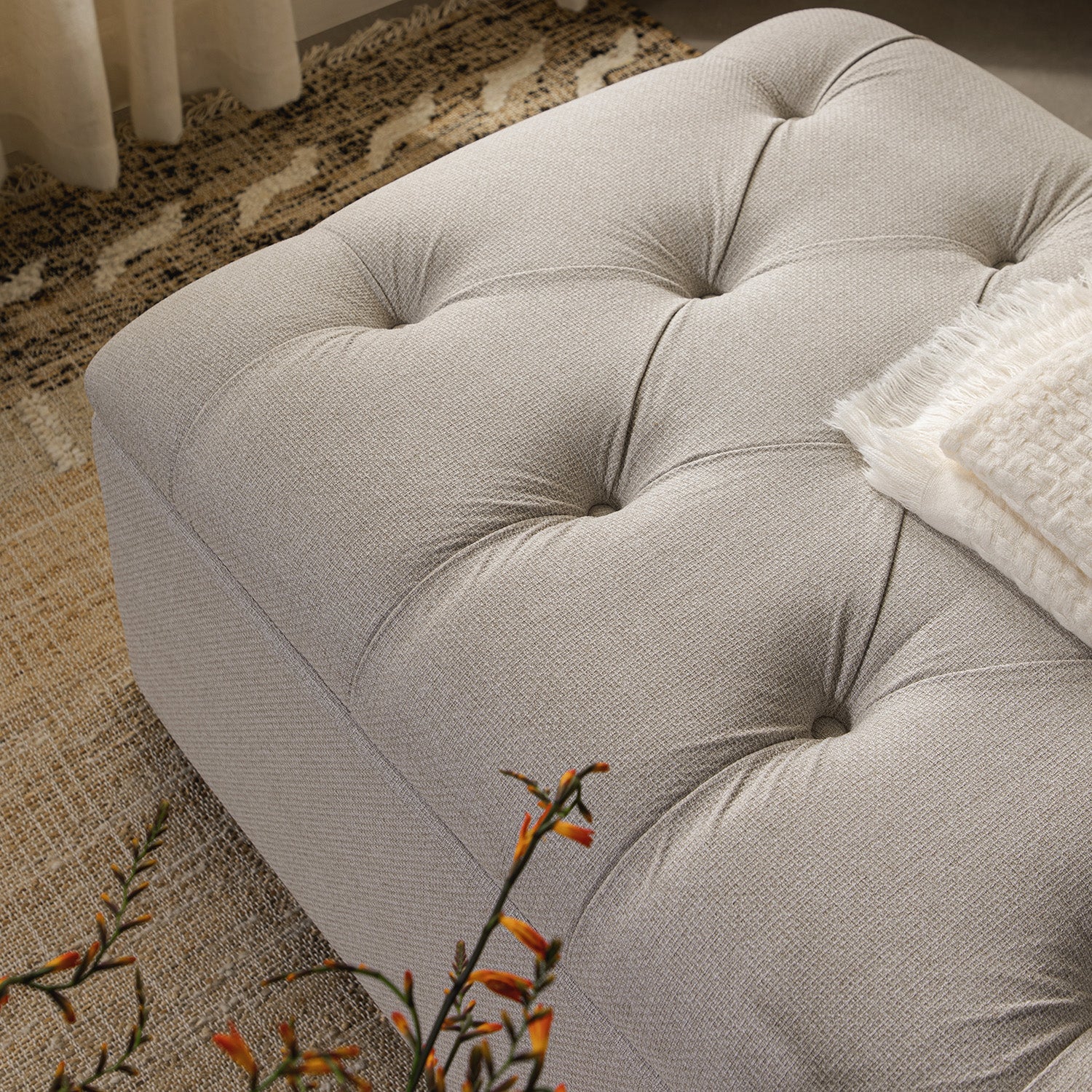 Portland Twin Buttoned Fold-Out Bed in Ottoman, Beige Woven Fabric