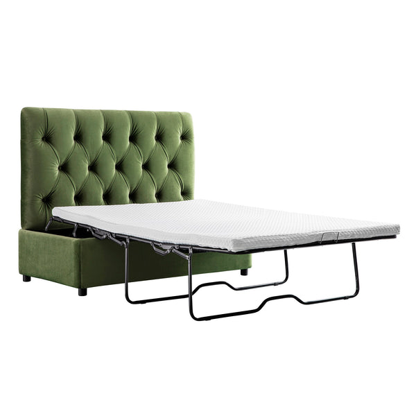 Portland Full size Buttoned Fold-Out Bed in Ottoman, Moss Green Velvet
